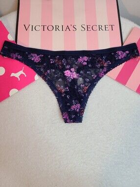 Retired VS PINK Midnight Floral Logo Band Lace Thong Panty Size M